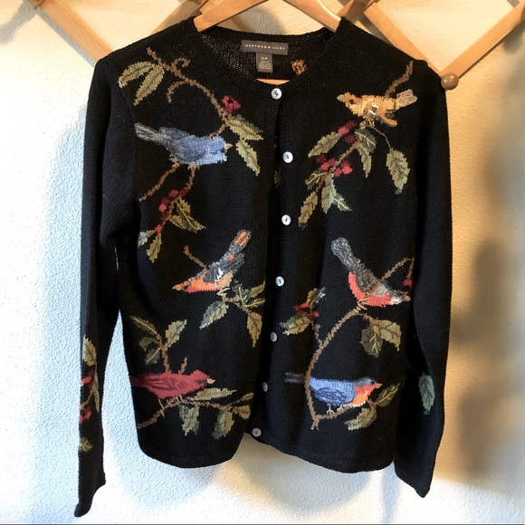 Vintage Sweaters - VTG Northern Isles Black Cardigan w/birds